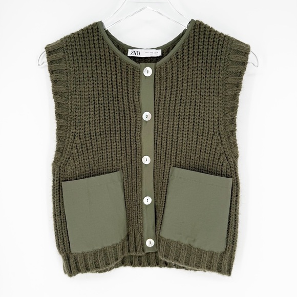 ZARA Sleeveless Knit Button Front Vest S Green - Picture 2 of 6